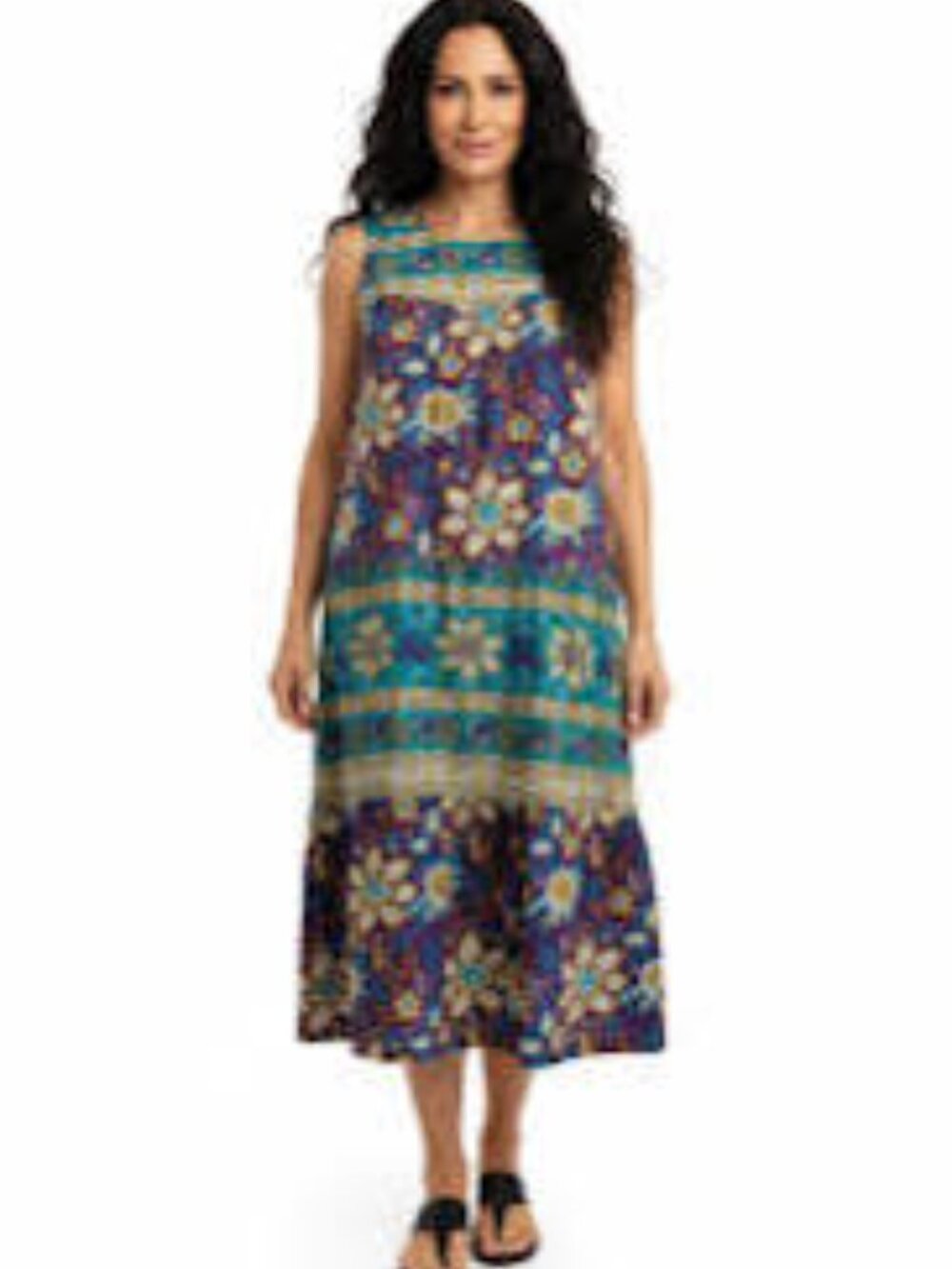 La Cera Turquoise Purple Floral Cotton Border Print Tiered Maxi Patio Dress L